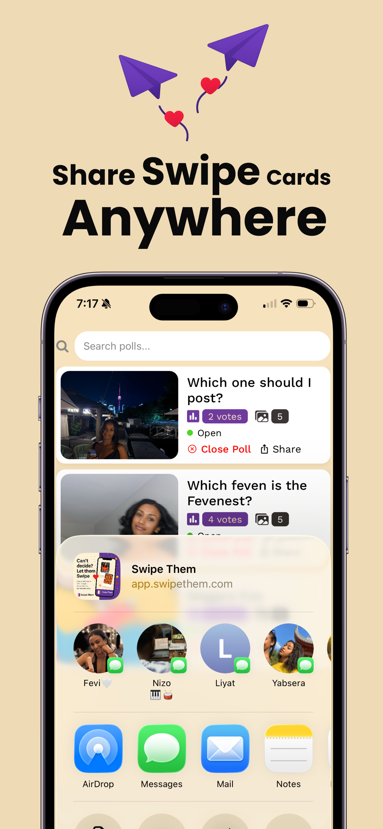 Share swipe polls anywhere